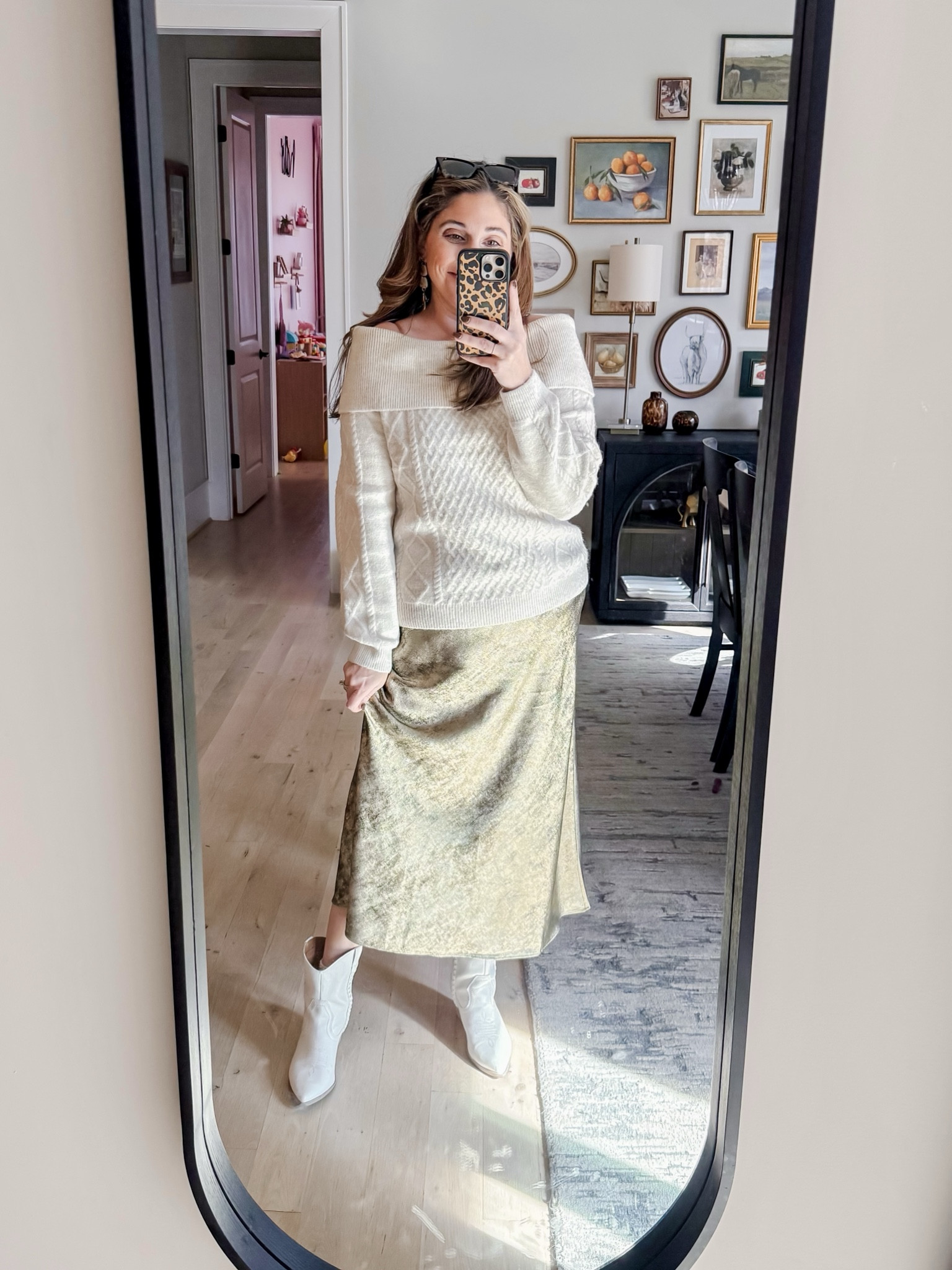 What I wore for family photos with Santa! Pictures do not do this gold foil skirt justice! It’s BEAUTIFUL and fits so well! And this off the shoulder sweater is so warm and comfortable and not itchy! 
Sweater L / Skirt L / Boots tts 

#LTKHoliday #LTKParties #LTKootd