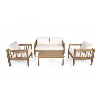 4-Piece Solid Wood Patio Conversation Set with Beige Cushions | The Home Depot