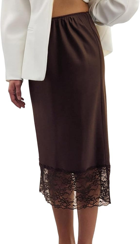 Women Silk Satin Half Slip Long Skirt Y2k Lace Trim Ruffle A Line Underskirt Elastic Casual Waist... | Amazon (US)