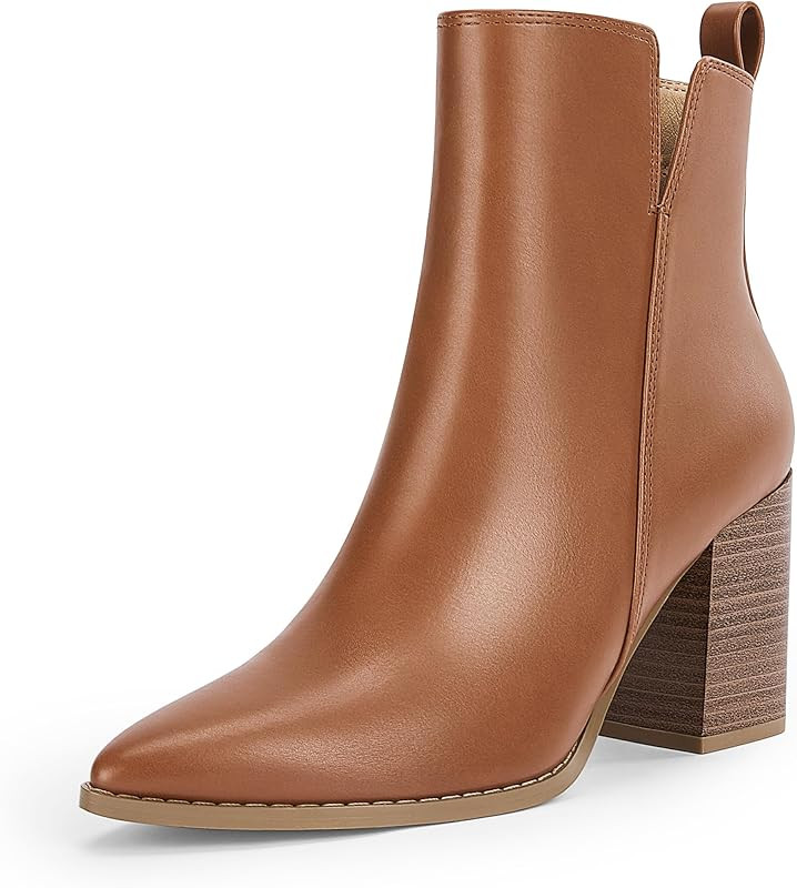 Womens V Cutout Ankle Boots Pointed Toe Chunky Block Stacked Heel Booties Side Zipper Shoes | Amazon (US)