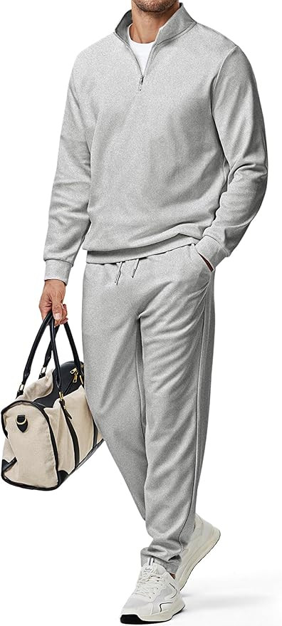 JMIERR 2025 Men Fall Tracksuit 2 Piece Set Old Money Polo Quarter Zip Twill Sweatsuits Jogging Sw... | Amazon (US)