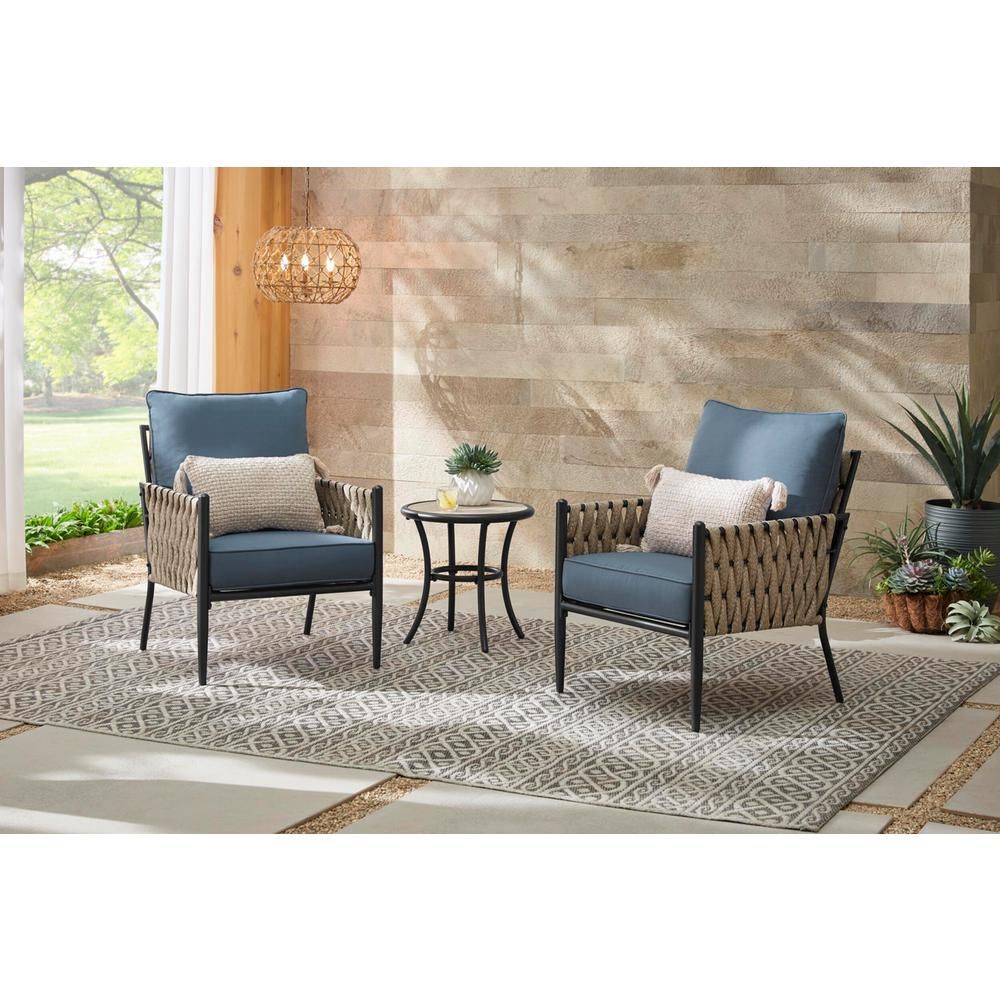 Dockview 3-Piece Metal Outdoor Patio Bistro Set with Blue Cushions | The Home Depot