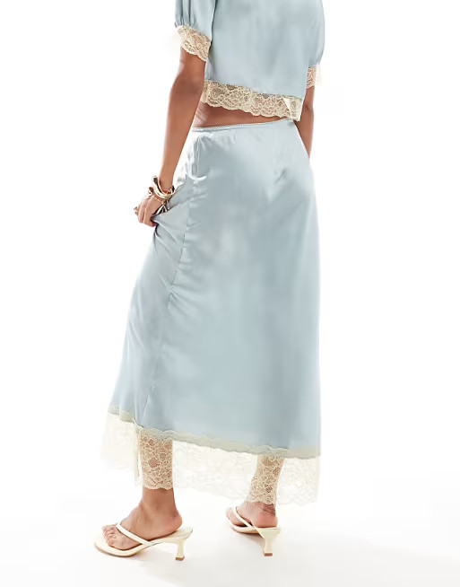 ASOS DESIGN satin midi skirt with lace hem in blue - part of a set | ASOS (Global)