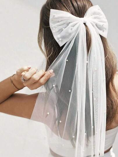 1pc Bridal Veil For Bachelorette Party, White Bow Wedding Decoration Pearl Veil, Elegant Multilayer Hairpin Bride, Wedding Bowknot White Pearl Veil Thin Veil Bride Short Veil Hair Accessories Bachelorette Party, Christmas | SHEIN