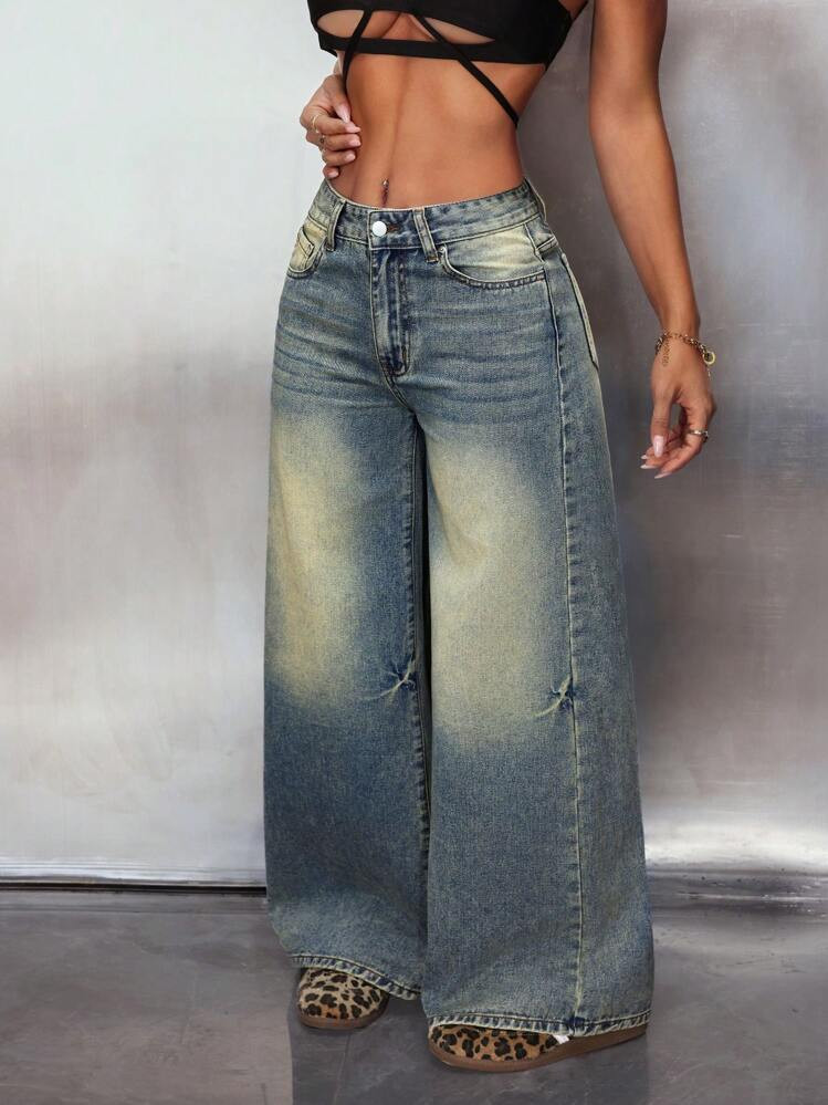 SHEIN PETITE Women's Loose Fit With Pockets Wide Leg Casual Denim Jeans | SHEIN