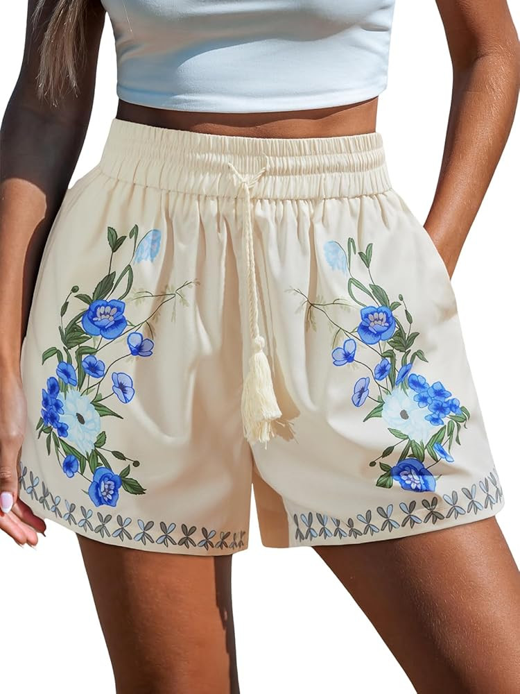 CUPSHE Women's Casual Beach Shorts Elastic Drawstring Waist Swimsuit Cover Ups Shorts with Side P... | Amazon (US)
