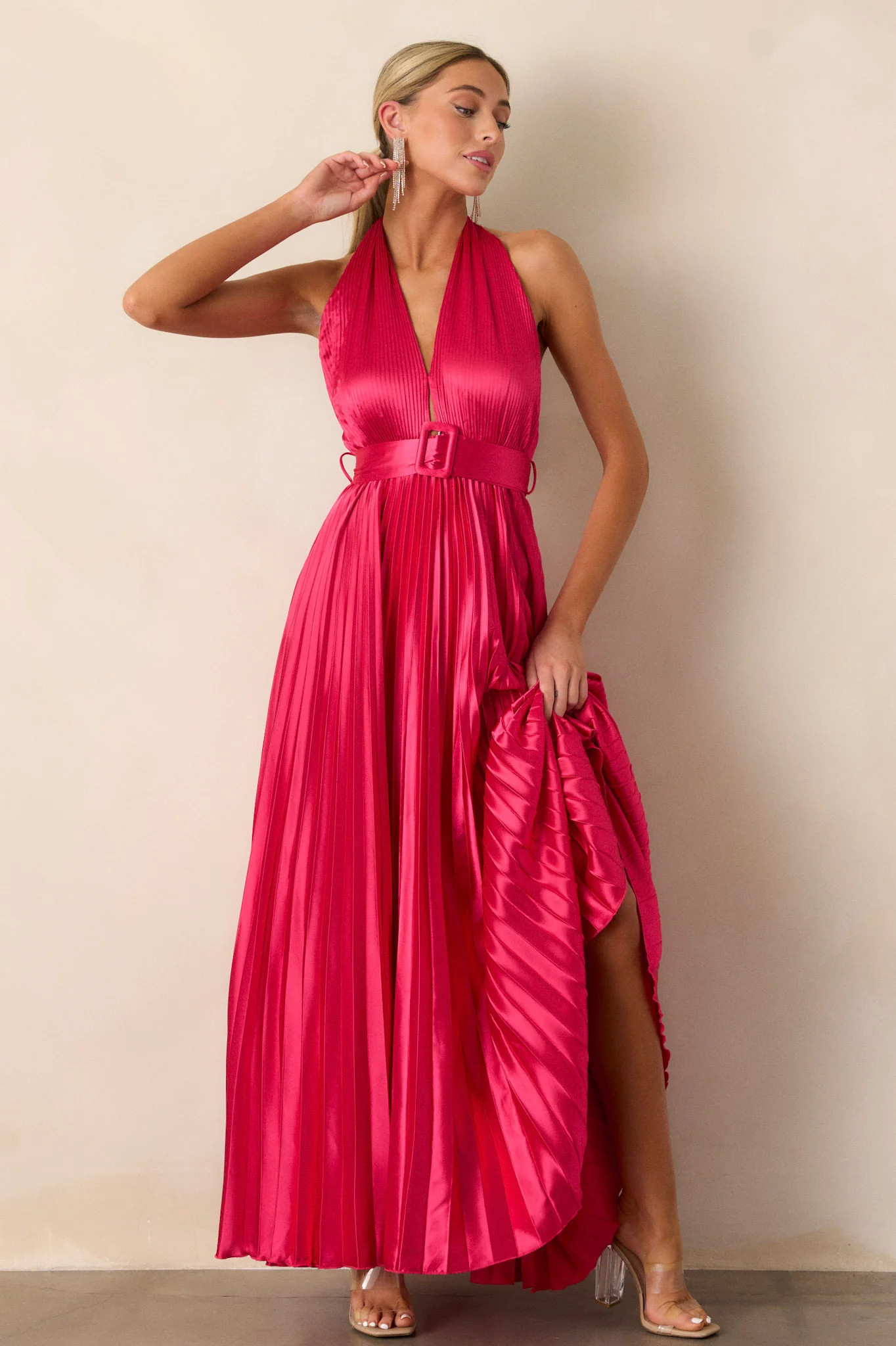 Runaway Icon Magenta Pink Pleated Halter Maxi Dress | Red Dress