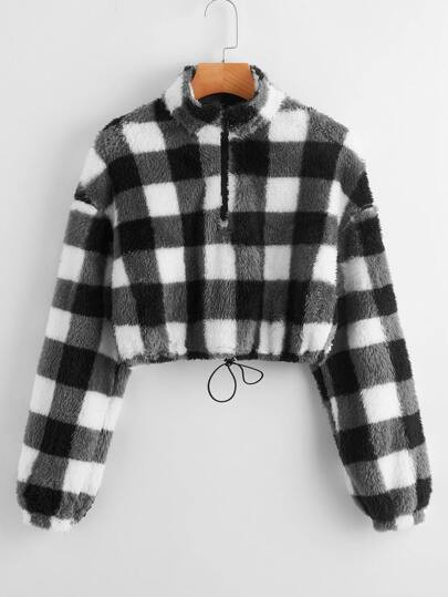 SHEIN Zip Half Placket Drawstring Hem Buffalo Plaid Teddy Pullover | SHEIN