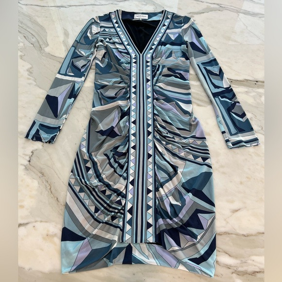 EMILIO PUCCI BLUE MULTI PRINT LONG SLEEVE DRESS SIZE IT 42 / US 8 NWOTS! | Poshmark