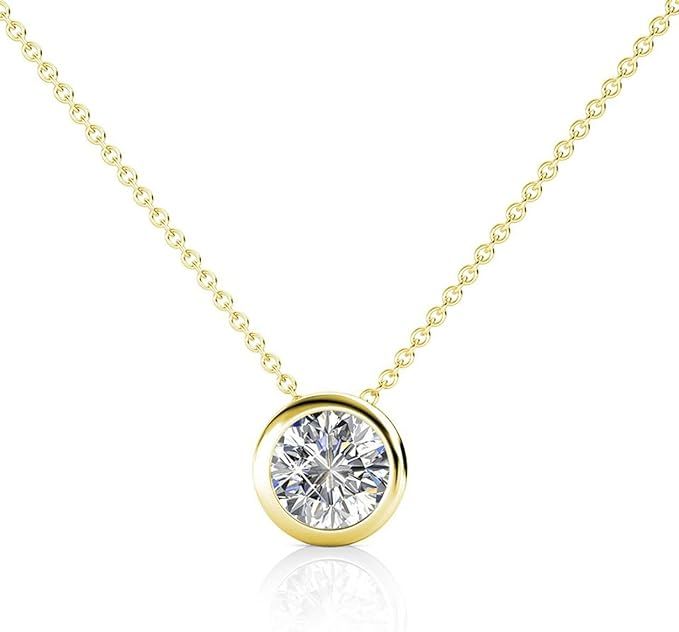 18K Gold Plated 925 Sterling Silver Necklace - Solitaire Pendant - Bezel-set Austrian Crystal –... | Amazon (US)