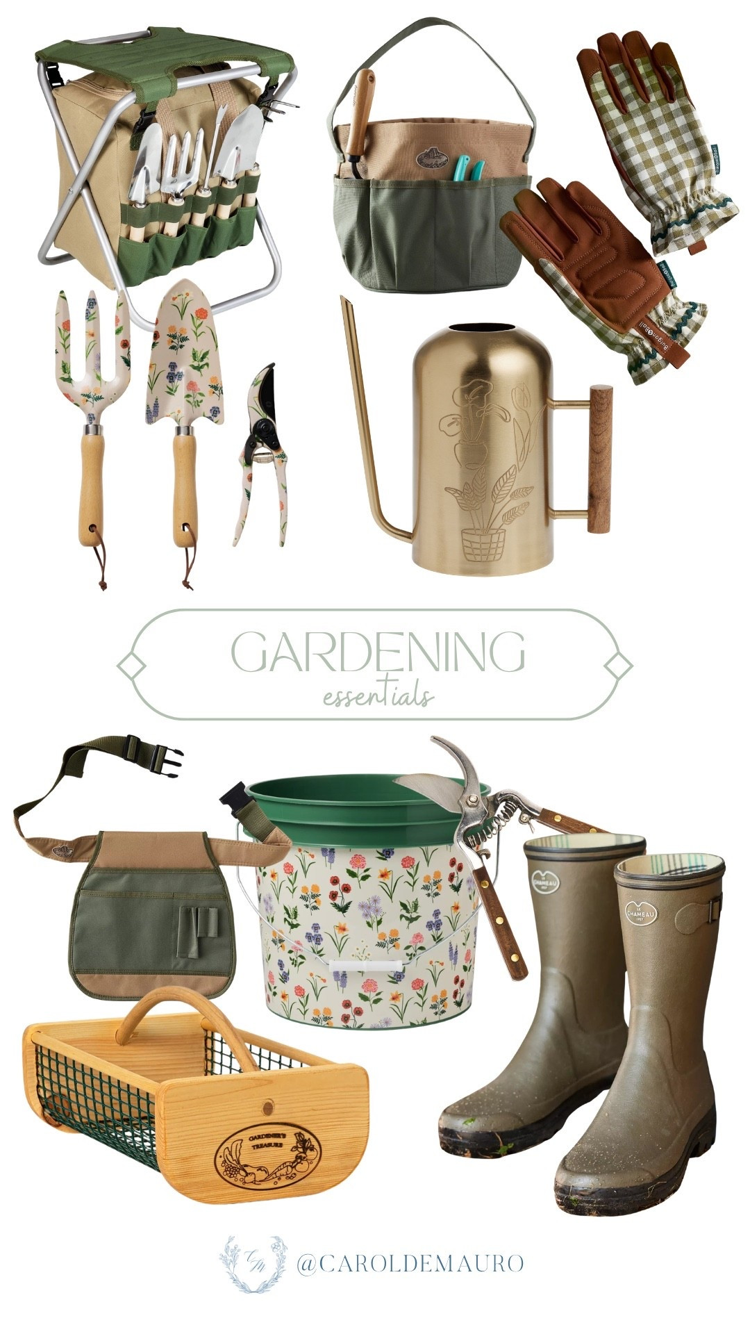 gardening essentials, garden tool set, floral garden tools, garden gloves, brass watering can, gardening apron, floral gardening bucket, gardening boots, garden tote bag, gift ideas for the gardener