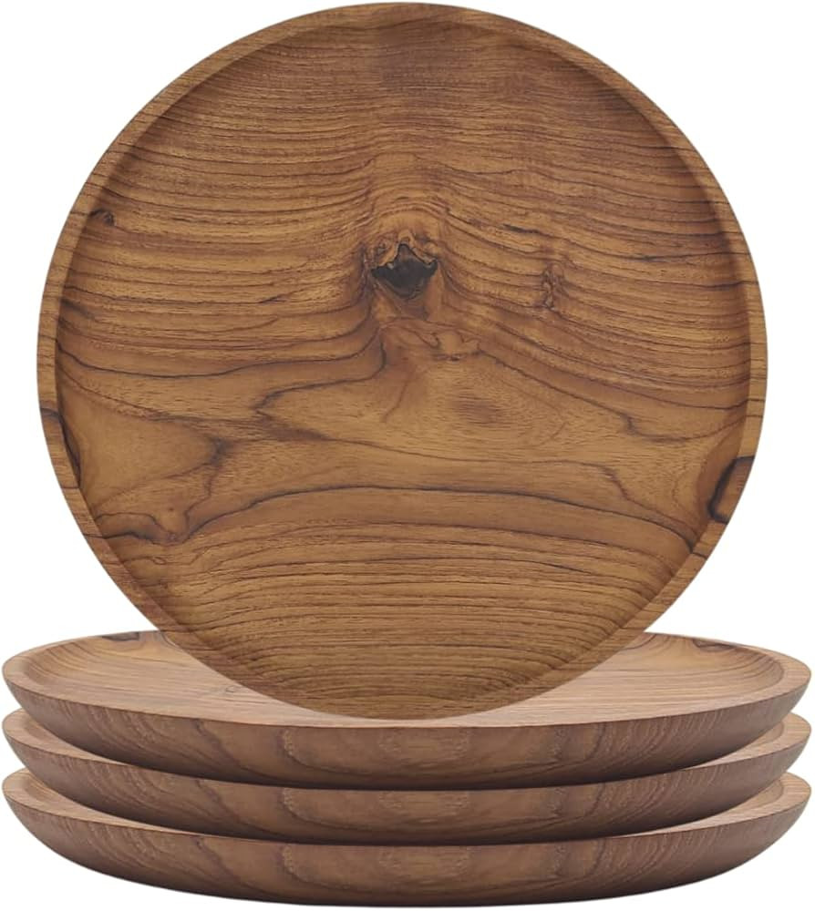 YUNIFF Wooden Plates, Teak Wood Dinner Plates, Round Serving Tray Or Serving Dishes All Natural C... | Amazon (US)
