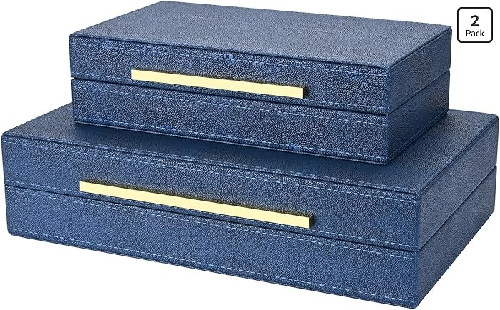 ZIKOUL Navy Blue Shagreen box Set of 2 Faux Leather Decorative Boxes,Large Nesting Storage Decora... | Amazon (US)