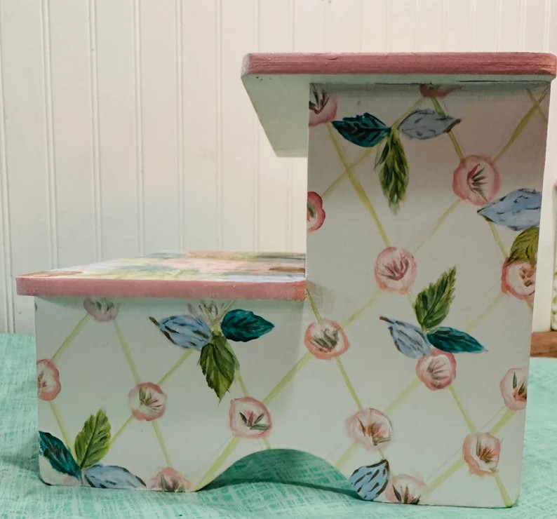 Floral Girls Step Stool. Pink,peachy Roses. Blues Birds Blooms,personalized Gift, Bathroom Stool,... | Etsy (US)