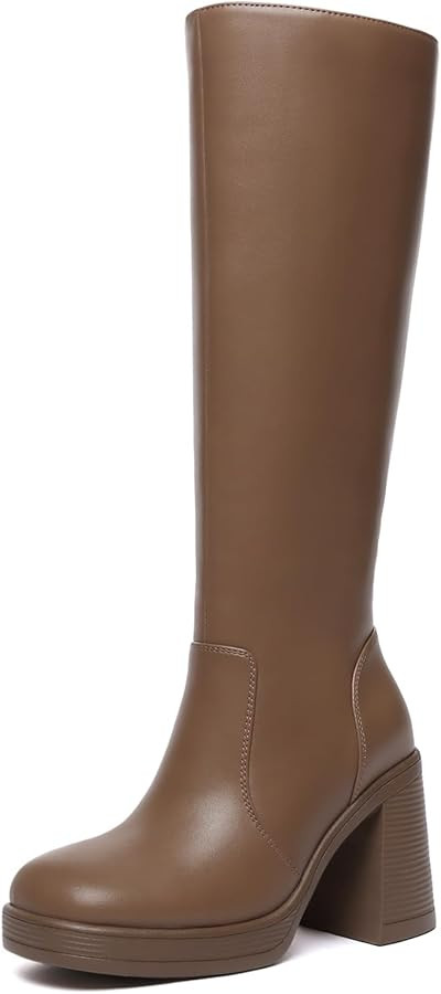 Athlefit Black Knee High Boots for Women Platform Tall Boots Fashion Square Toe Chunky Heeled Boo... | Amazon (US)