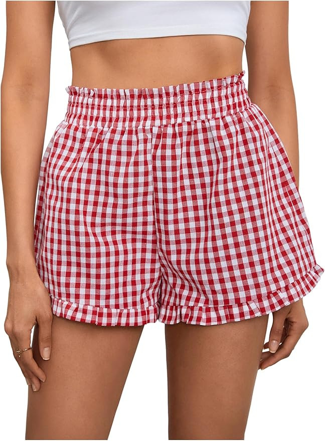 MakeMeChic Women's Gingham Ruffle Boxer Shorts Elastic High Waist Pajamas Lounge Shorts | Amazon (US)