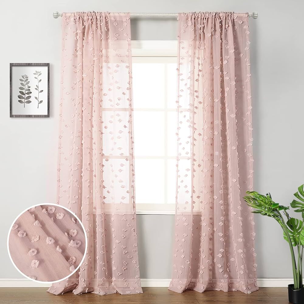MYSKY HOME Pom Pom Dusty Pink Sheer Curtains for Living Room Bedroom Light Filtering Semi-Sheer C... | Amazon (US)