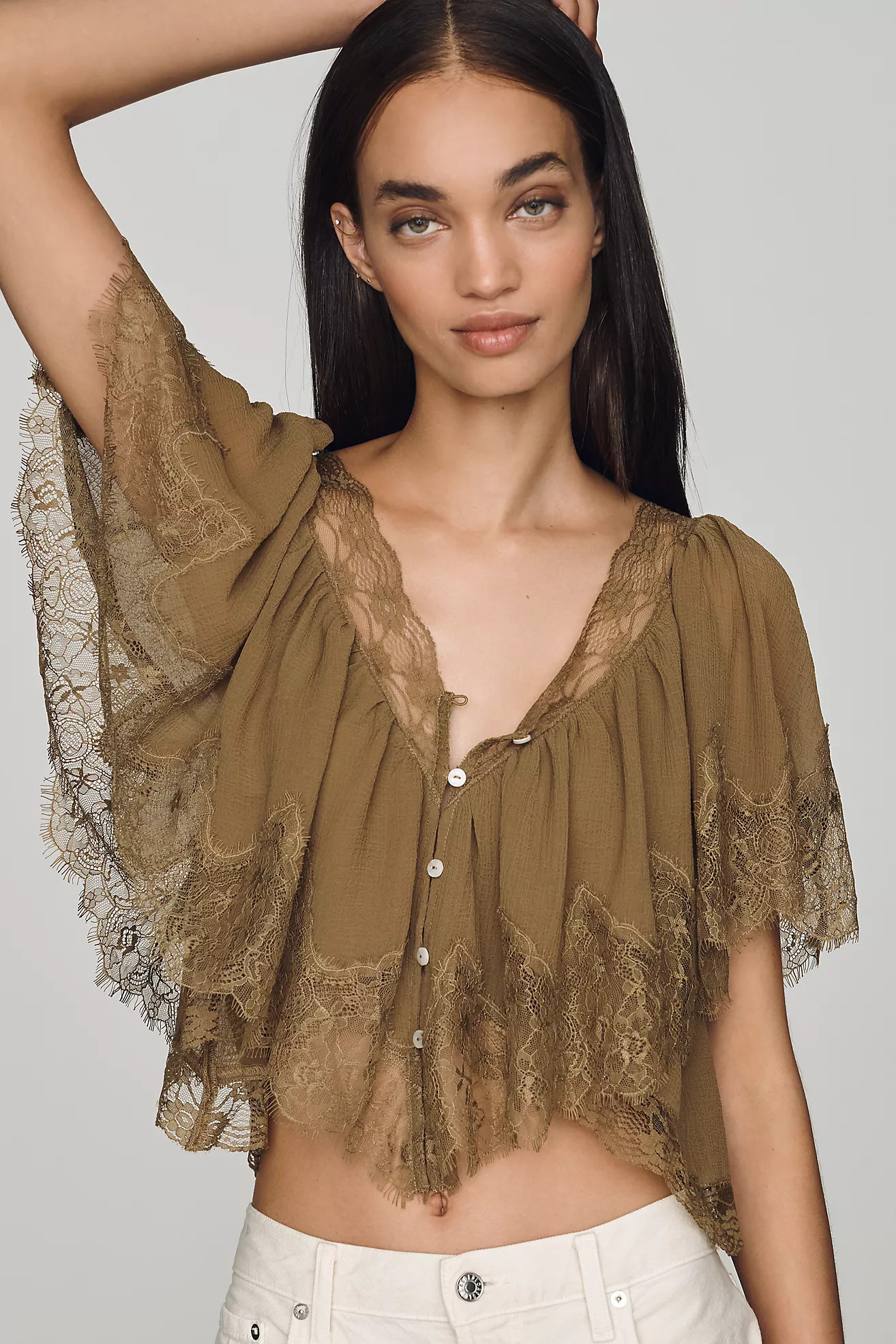 LyreBird Chiffon Lace Trim Cropped Top | Anthropologie (US)