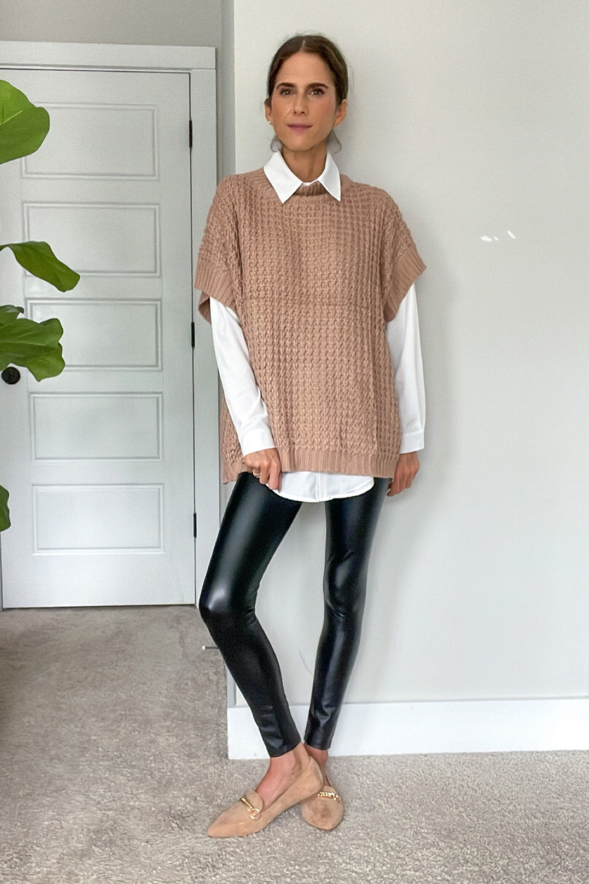 Elevated casual outfit | business casual outfit | work friendly outfit | faux leather leggings | sweater vest | boyfriend button down | amazon outfit 

#LTKstyletip #LTKxPrime #LTKfindsunder50