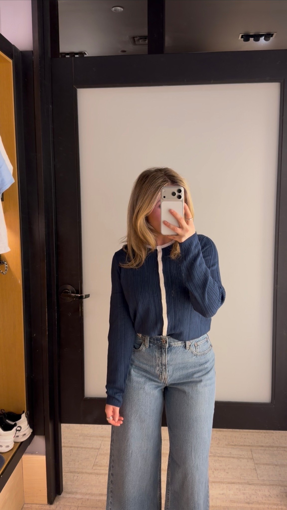 cardigan, spring outfit inspo, spring style, casual outfit, navy outfit, wide leg jeans, denim, abercrombie 

#LTKSeasonal #LTKootd