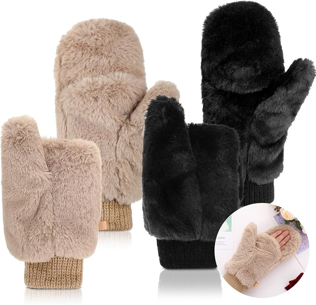 SATINIOR Faux Fur Mittens Fingerless Gloves Convertible Gloves Fluffy Winter Warm Soft Half Finge... | Amazon (US)