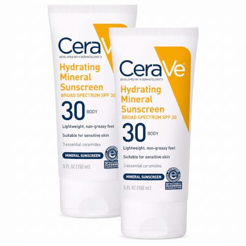 CeraVe 100% Mineral Sunscreen SPF 30 with Zinc Oxide & Titanium Dioxide,Hyaluronic Acid & Ceramides,Oil Free,Non-Greasy,Hydrating Mineral Sunscreen For Body,5 oz,(Pack of 2) | Amazon (US)