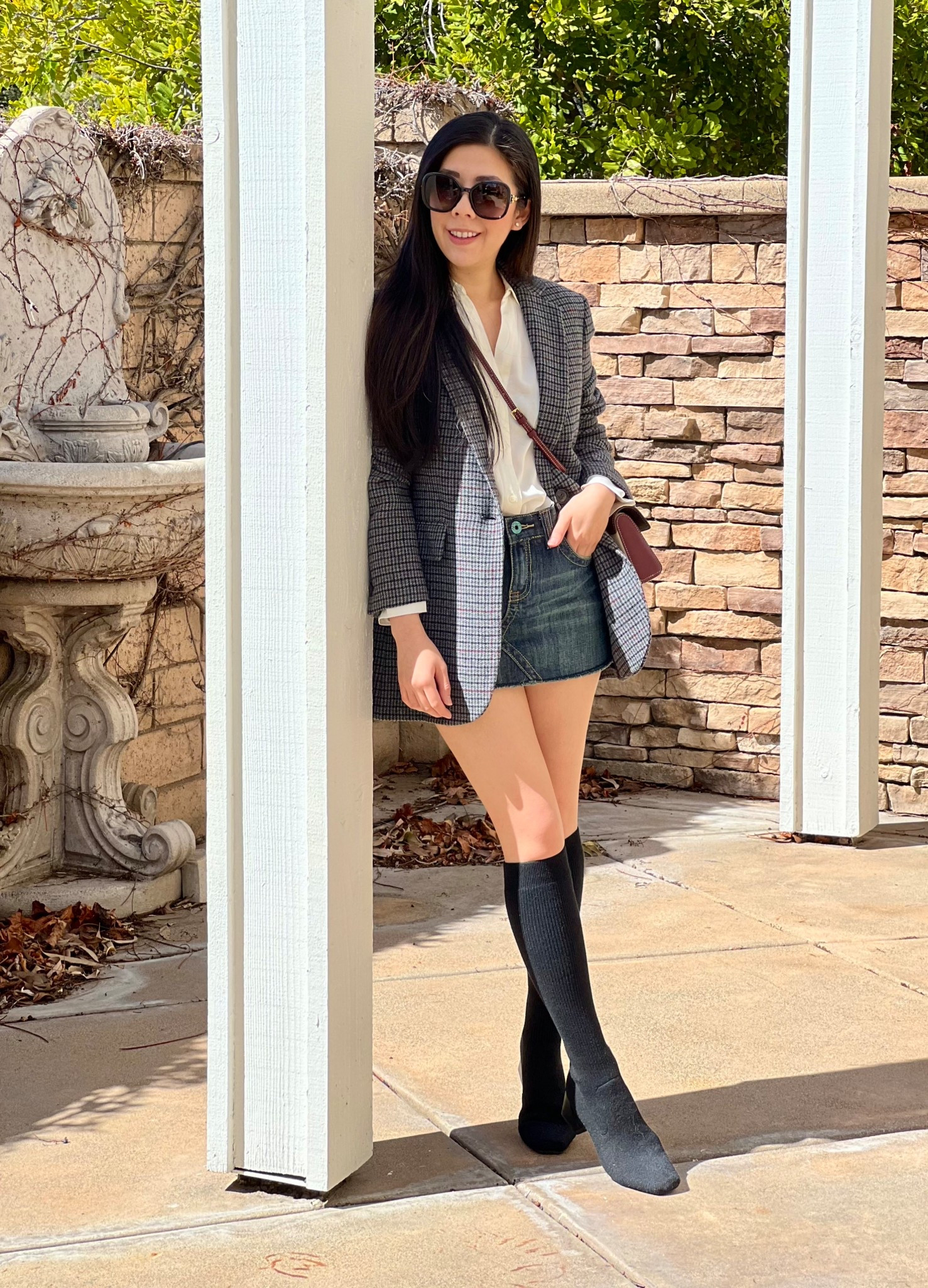 Preppy old money attire for today’s sunny afternoon! It’s been raining nonstop so I wore these water resistant knee high boots just in case. I pulled out this denim mini skirt that I haven’t worn since high school and I’m so surprised they still fit! I paired it with a satin blouse and a grey houndstooth jacket. 
#oldmoneystyle #preppystyle #denimskirt #kneehighboots 

#LTKPetite #LTKShoeCrush #LTKSpringSale