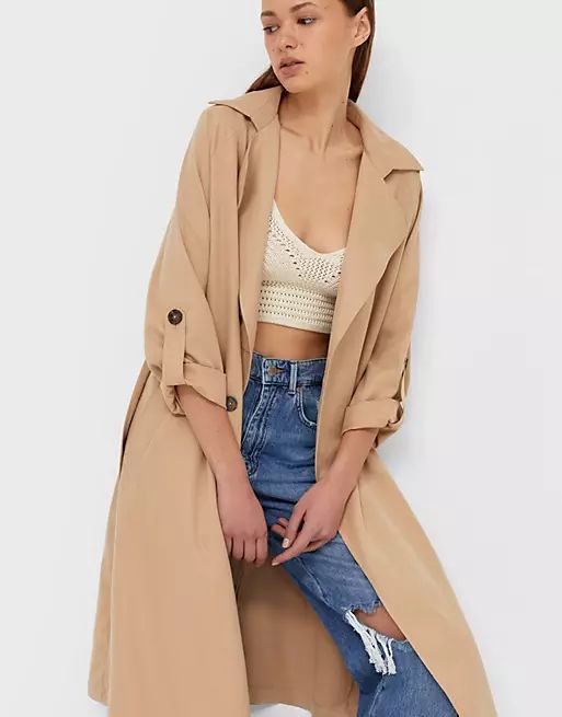 Stradivarius recycled polyester longline trench coat in camel | ASOS (Global)
