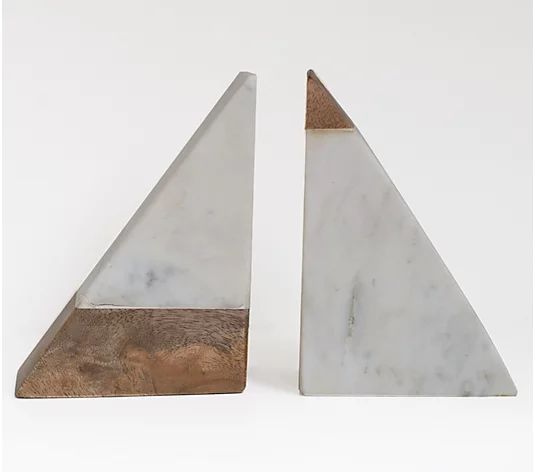 Triangle Set of 2 Marble & Wood Mix Bookends by Lauren McBride | QVC