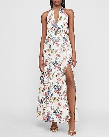 Floral Side Cut-out Halter Maxi Dress | Express