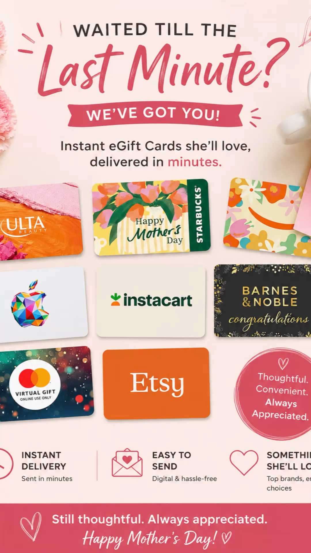 Forgot Mother’s Day was this weekend? Don’t panic… a thoughtful gift is still just minutes away 💕
From beauty and coffee to books, groceries, and tech — eGift cards let mom pick exactly what she wants (and trust me, she’ll love that 😉).

Perfect for the last-minute shopper that still wants to make mom feel special 💐✨

#MothersDayGiftGuide #LastMinuteGifts #GiftIdeasForMom #GiftCards #LTKGiftGuide #AmazonFinds

#LTKMothersDay #LTKmomlife