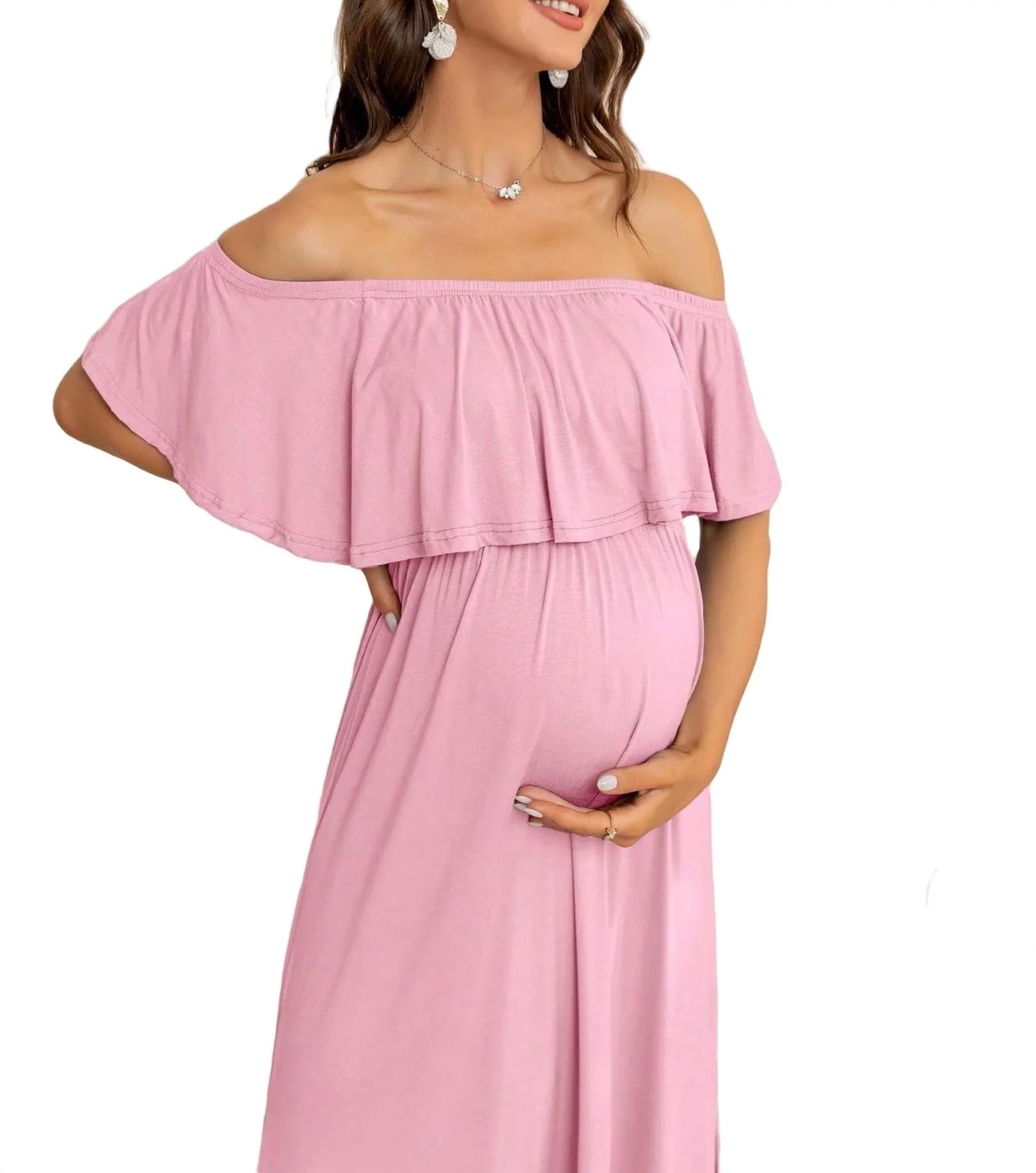 Casual Plain Off the Shoulder A Line Short Sleeve Pink Maternity Dresses (Women's) | Walmart (US)