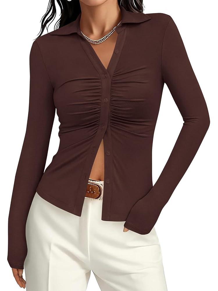 PRETTYGARDEN Womens Button Down Shirts V Neck Collared Ruched Slim Fit Long Sleeve Shirt Casual F... | Amazon (US)