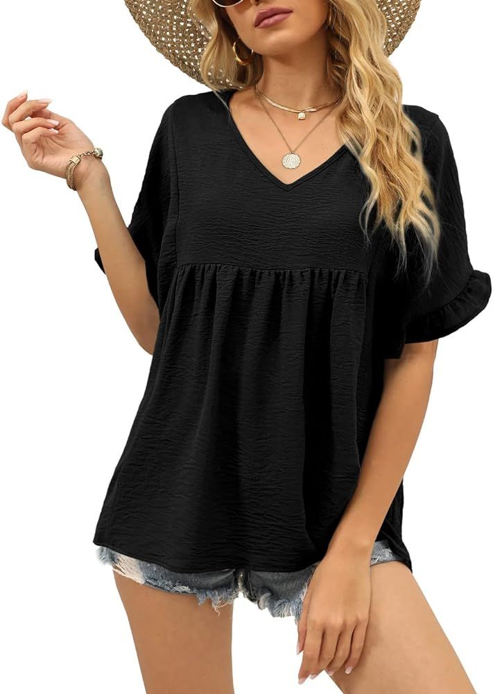 Shirts for Women Trendy Ruffle Sleeve Spring Tops V Neck T-Shirts Black L at Amazon Women’s Clo... | Amazon (US)