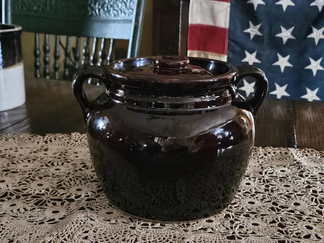 Antique Bean Pot, Vintage Brown Bean Pot With Lid, Glossy Brown Pottery Crock, Brown Stoneware Ch... | Etsy (US)