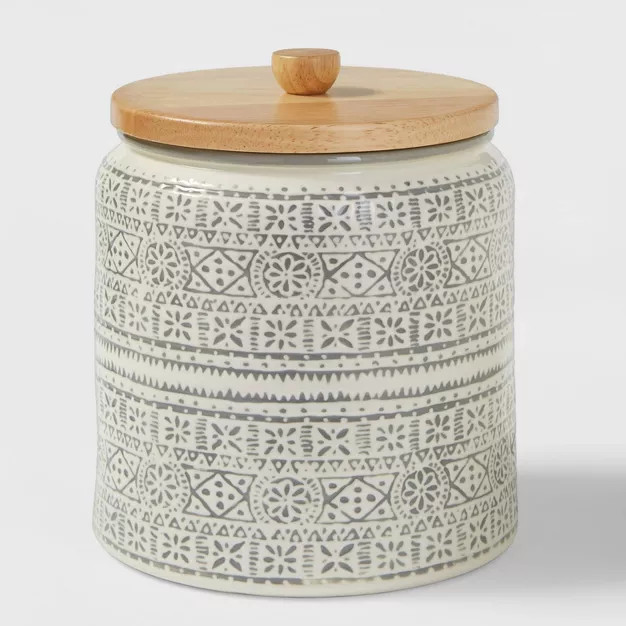 Medium Stoneware Genesis Stripe Food Storage Canister with Wood Lid White/Gray - Threshold™ | Target
