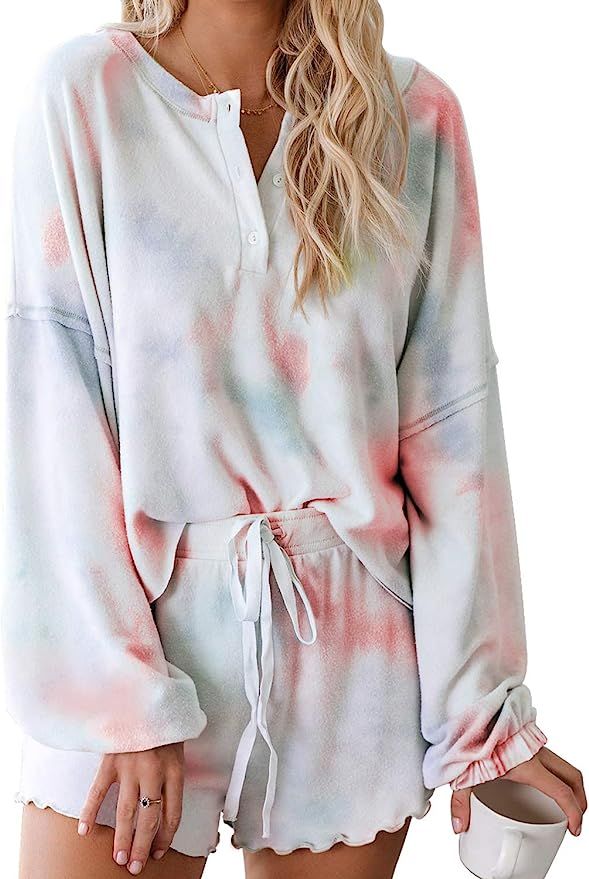 Astylish Womens Long Sleeve Sof 2 Piece Short Pajamas Set Nightwear Sleepwear Loungewear | Amazon (US)