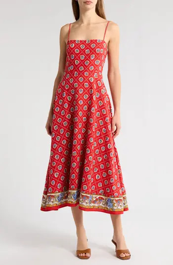 WAYF Josefina Scarf Print Linen Blend Midi Dress in Red Scarf at Nordstrom Rack, Size X-Small | Nordstrom Rack