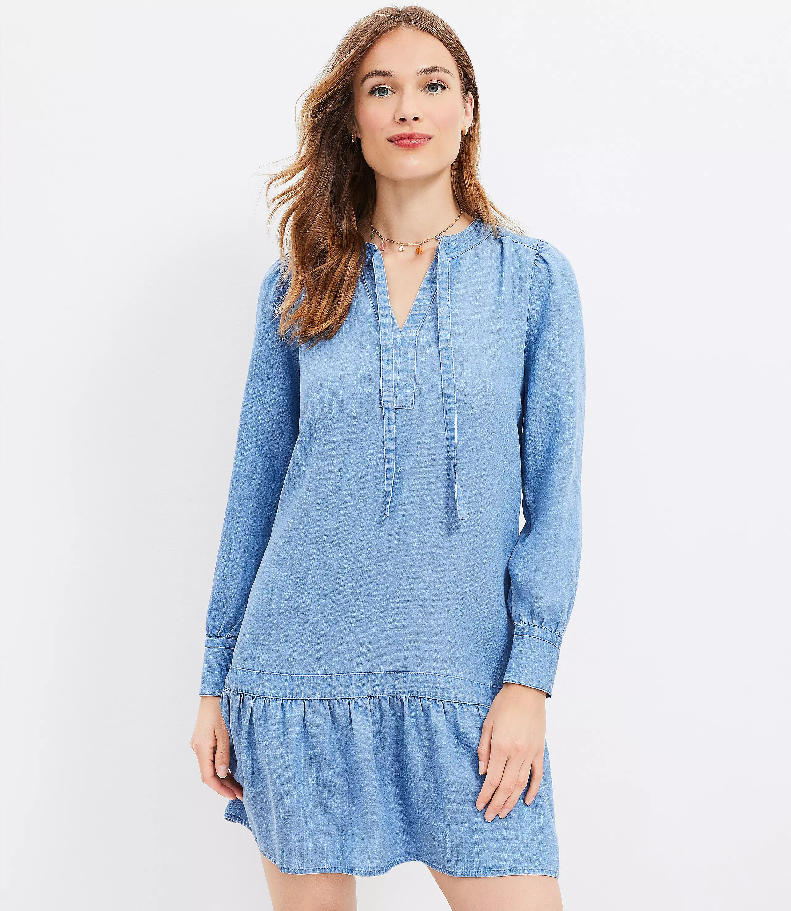 Petite Chambray Tie Neck Flounce Swing Dress | LOFT