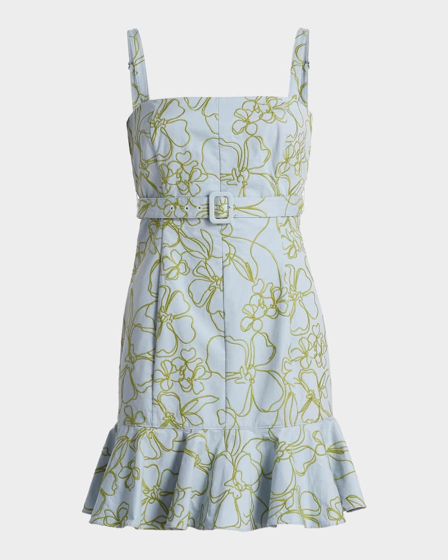 Cinq a Sept Tonya Belted Embroidered Malva Floral Minidress | Neiman Marcus