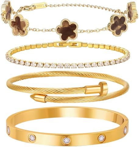 18 K Gold Plated Love Bangle Bracelet Stack for Women,Set of 4 Floral Clover Chain, Tennis Crysta... | Amazon (US)