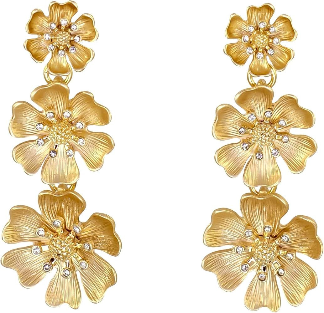 Laura Ashley Womens Jewelry Gold and Silver Triple Flower Drop Floral Dangle Earrings with Crysta... | Amazon (US)
