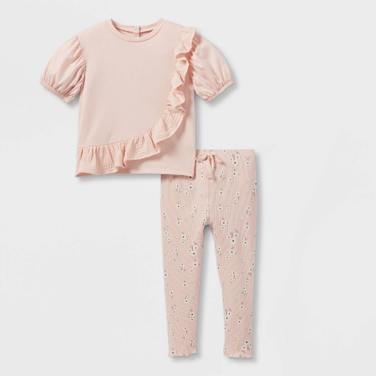 Grayson Collective Toddler Girls' Ruffle Short Sleeve T-Shirt & Ribbed Leggings Set - Pink | Target