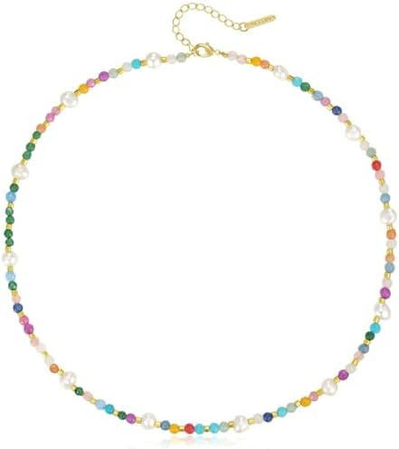 KissYan Beaded Choker Necklace for Women, Colorful Natural Gemstones Pearl Choker 14K Gold Plated... | Amazon (US)
