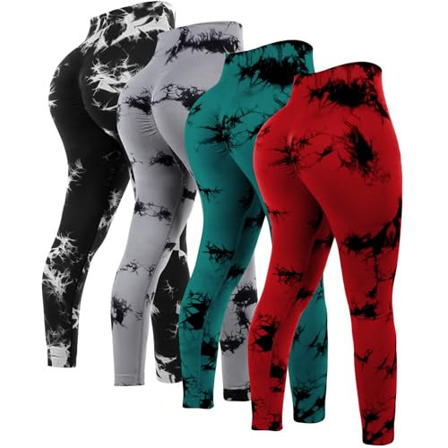 Mumucove 4 Pcs Womens Workout Leggings Tie Dye High Waisted Yoga Pants Seamless Scrunch Butt Lifting Compression Tights(Gray, Black, Dark Green, Red,Small) | Amazon (US)