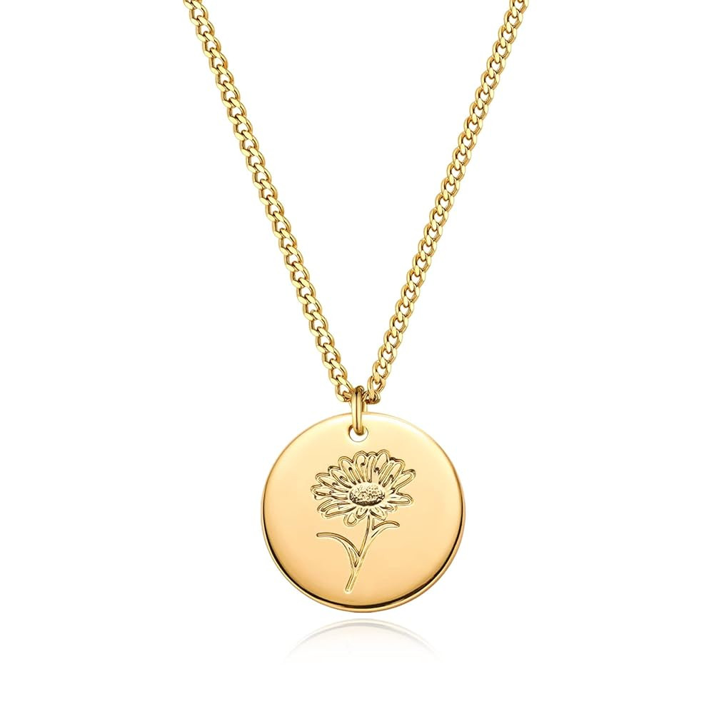 Birth Flower Necklace 18K Gold Plated Necklaces for Women Disc Cuban Birthday Gold Jewelry Gifts ... | Amazon (US)