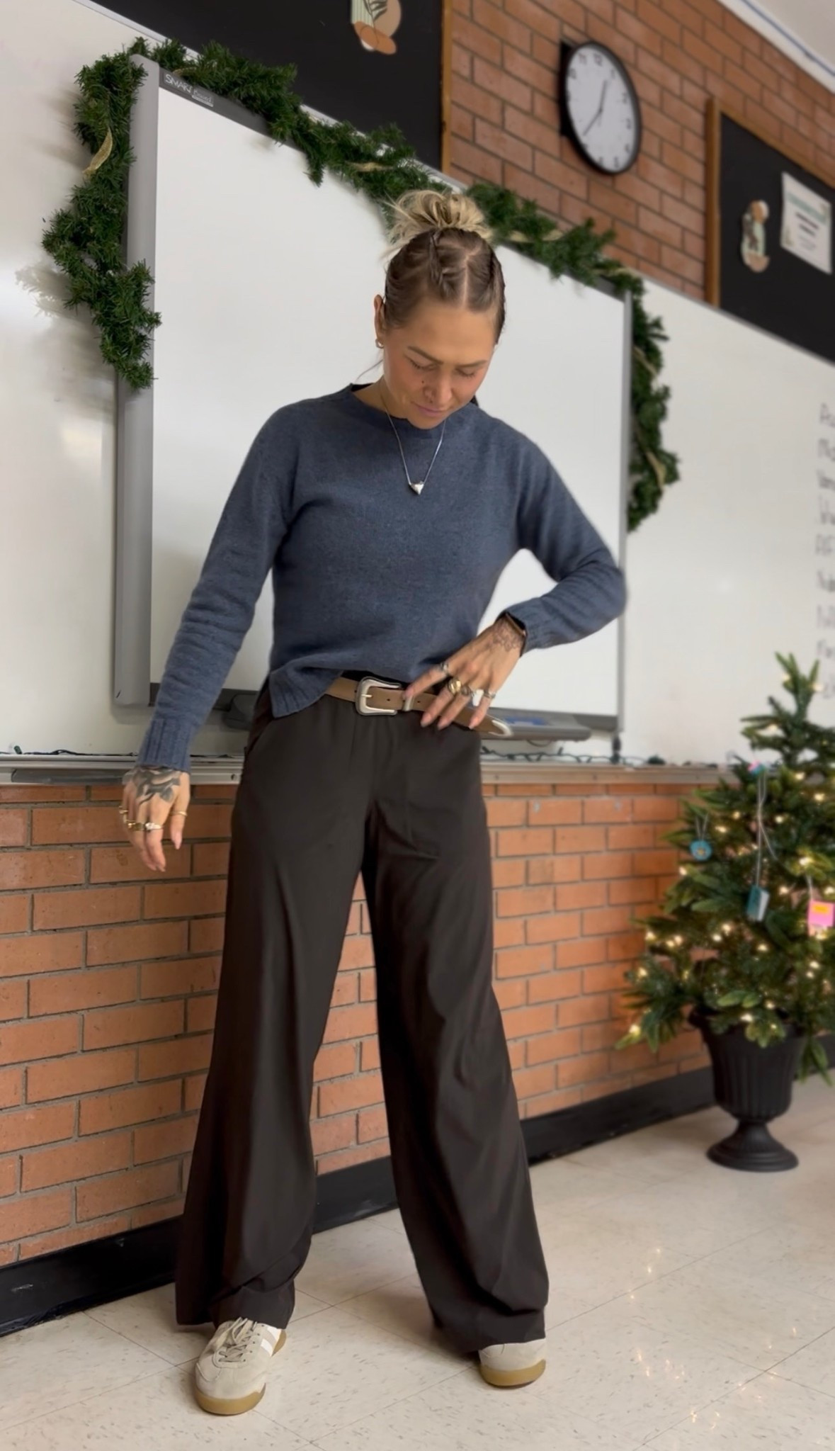 Casual comfy teacher outfit. Navy cashmere sweater and brown pants

#LTKworkwear #LTKcanada #LTKwinter