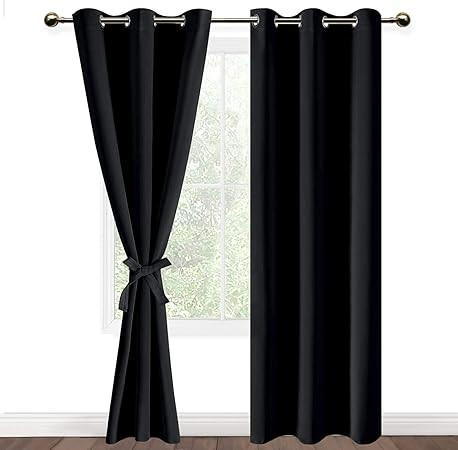 DWCN Black Blackout Curtains for Bedroom Sewn with Tiebacks - Thermal Insulated Light Blocking Gr... | Amazon (US)