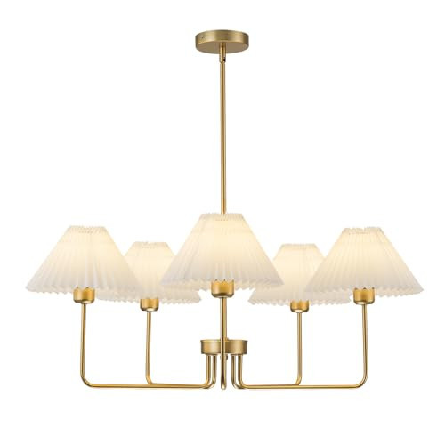 FIYUEOYI 5-Light Gold Chandelier,Mid Century Modern Dining Room Light Fixtures with White Pleated Fabric Shades, Chandeliers Lighting Fixtures for Kitchen Island Above Dining Table,Height Adjustable | Amazon (US)