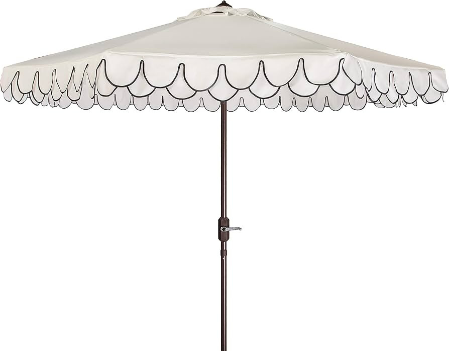SAFAVIEH 9ft Outdoor Patio Umbrella, Round, Valance, Ivory & Black Trim, Auto Crank Tilt, UV Resi... | Amazon (US)